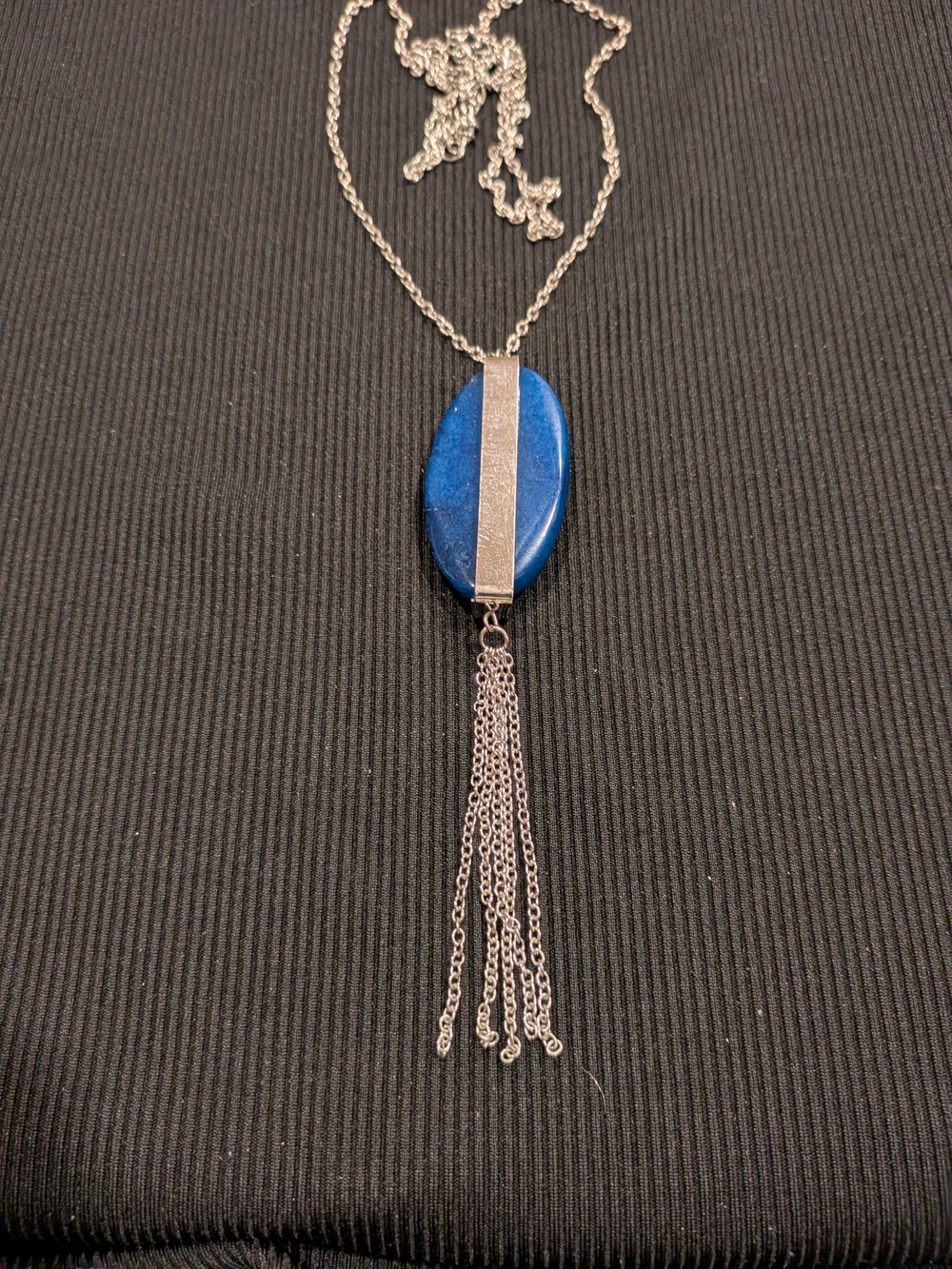 Silver Tone Chain Necklace 21" with Blue Acrylic Bead Oval Pendant and Tassel